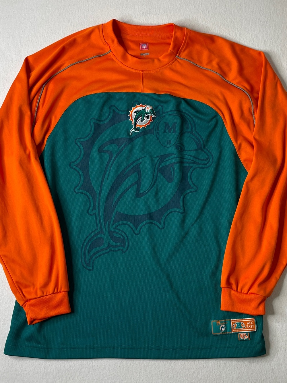 NFL Miami Dolphins Long Sleeve Shirt Mens Large Orange Teal Logo Y2K Football